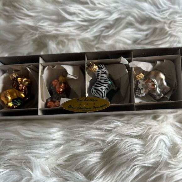 Four vintage handblown glass jungle animals Christmas ornament set, Poland, box - Picture 3 of 8